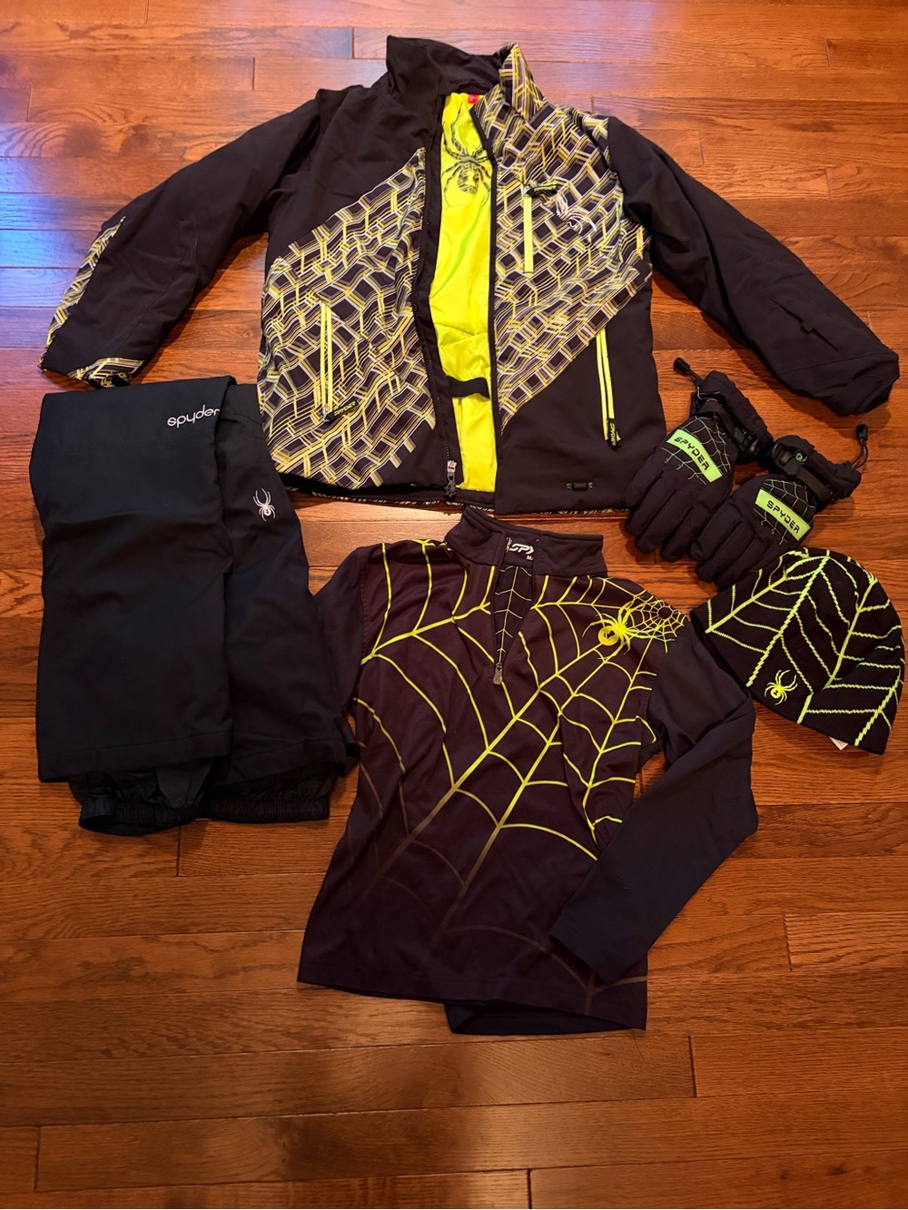Spyder Kids Black and Neon Yellow Winter Ski Set with Spider Web Design